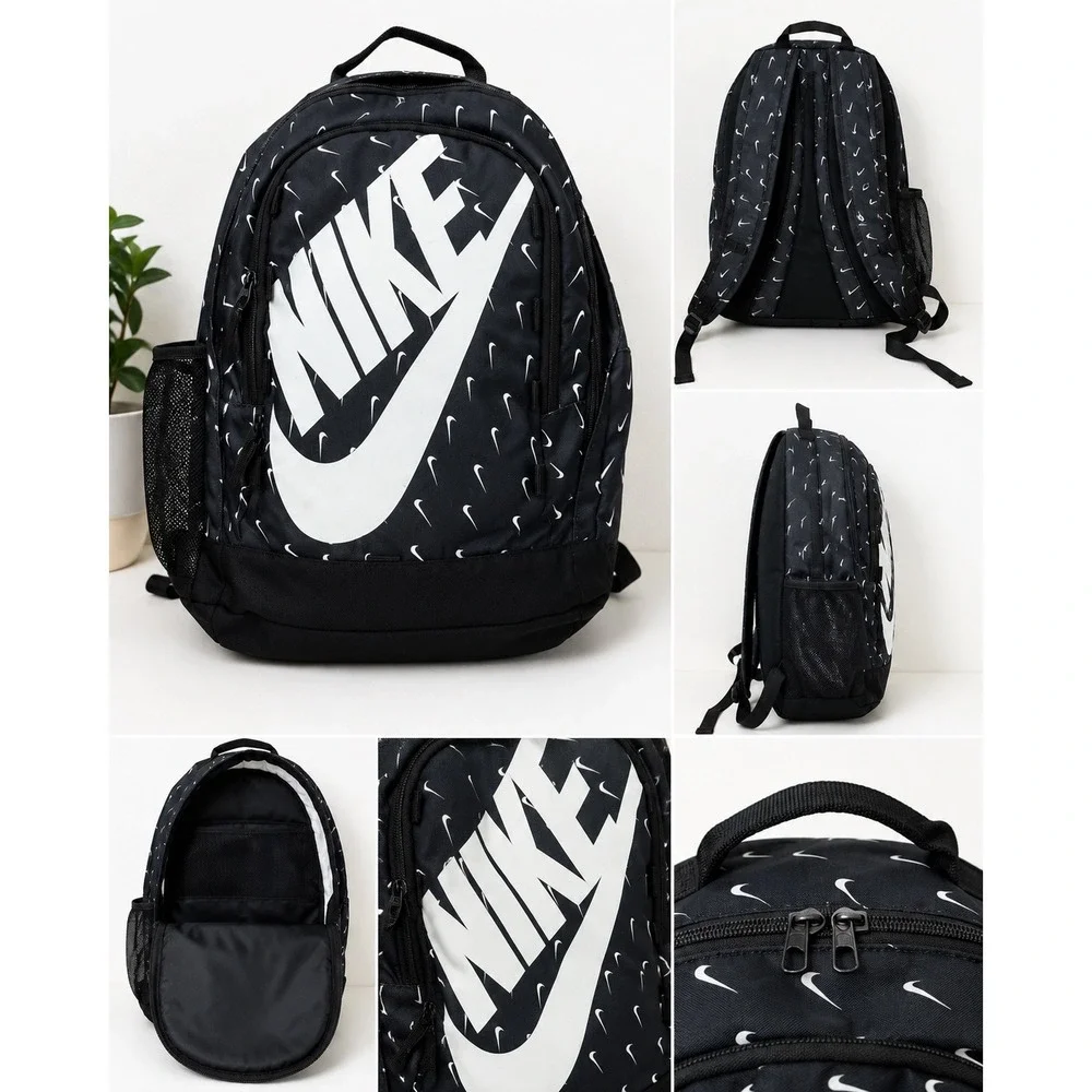 Nike Hayward Backpack Black White Mini Swoosh Logo Print School Sports Bag